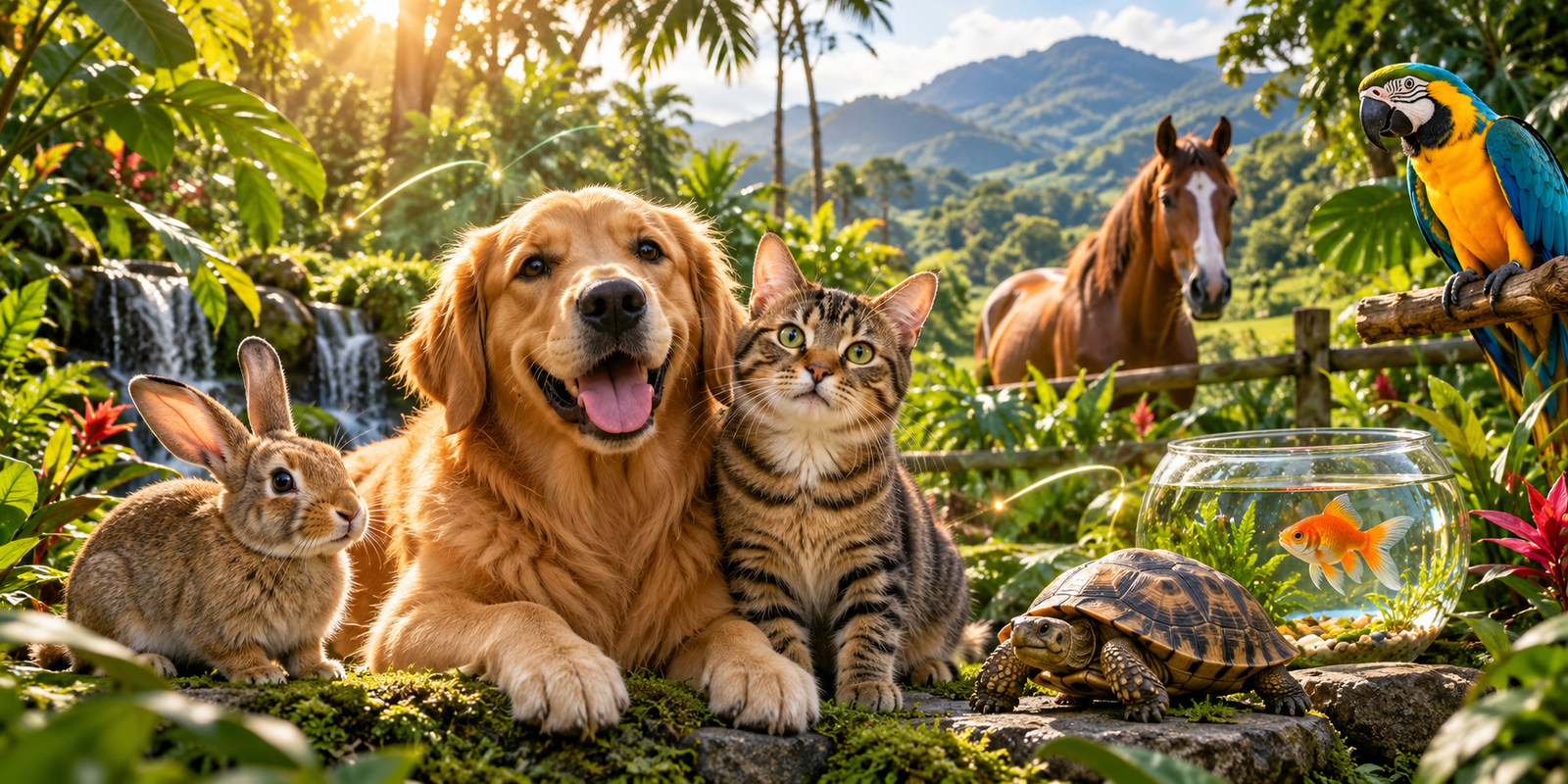 Perro, gato, conejo, caballo, loro, tortuga y pez en un entorno natural